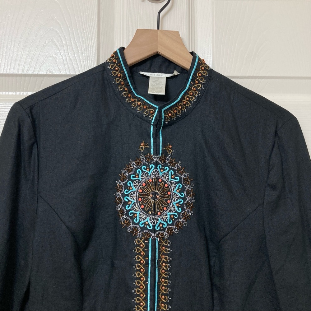 Vintage Women’s Beaded Embroidered Black Linen Jacket 12 Artsy Eclectic Grandma - Picture 3 of 9